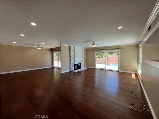 Empty room, Fireplace, Interior, Recessed Lighting, Wood Texture Flooring