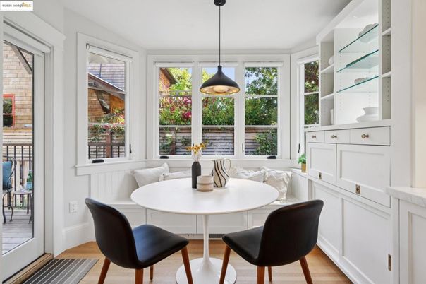 Dining room, Interior, Pendant Lights, Wood Texture Flooring