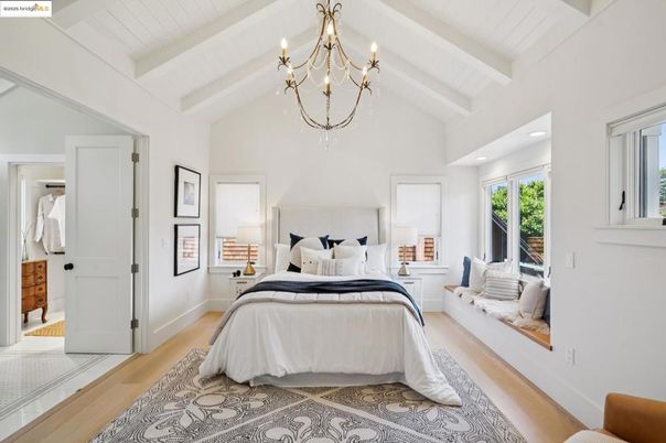 Bedroom, Chandelier, Interior, Recessed Lighting, Wood Texture Flooring