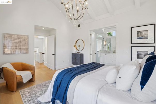 Bedroom, Chandelier, Interior, Recessed Lighting, Wood Texture Flooring