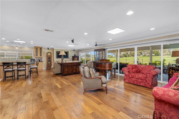 Dining room, Interior, Living room, Piano, Recessed Lighting, Wood Texture Flooring