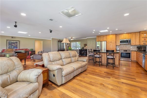 Interior, Kitchen, Living room, Recessed Lighting, Stainless Steel Appliances, Wood Texture Flooring