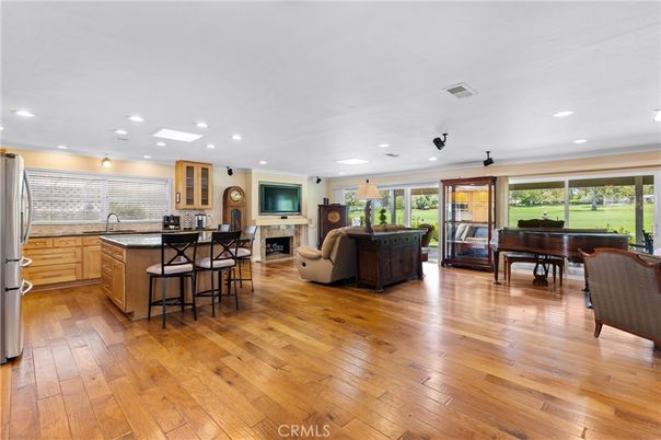 Fireplace, Interior, Kitchen, Living room, Piano, Recessed Lighting, Wood Texture Flooring