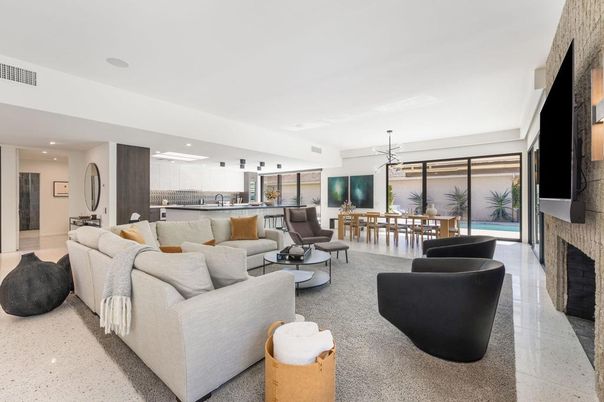 Dining room, Fireplace, Interior, Kitchen, Living room, Pendant Lights, Recessed Lighting