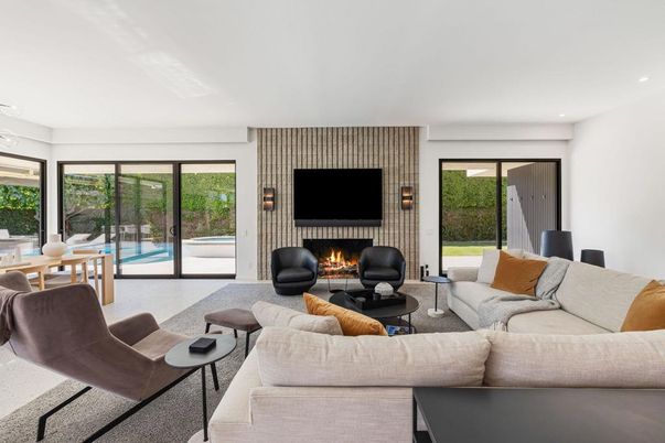 Fireplace, Interior, Living room, Recessed Lighting, Stone Walls