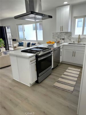 Interior, Kitchen, Living room, Recessed Lighting, Stainless Steel Appliances, Wood Texture Flooring