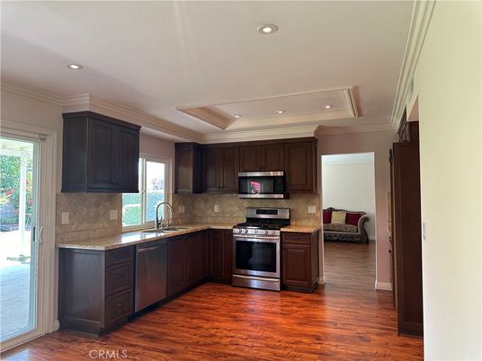 Interior, Kitchen, Recessed Lighting, Stainless Steel Appliances, Wood Texture Flooring