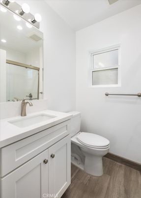 Bathroom, Glass Shower, Interior, Recessed Lighting, Wood Texture Flooring