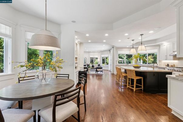 Dining room, Interior, Kitchen, Pendant Lights, Recessed Lighting, Wood Texture Flooring