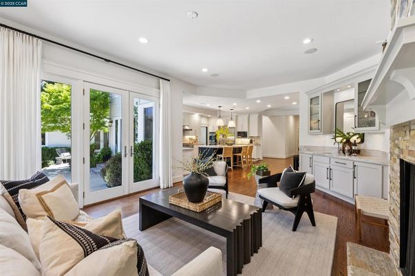 Fireplace, Interior, Kitchen, Living room, Pendant Lights, Recessed Lighting, Wood Texture Flooring