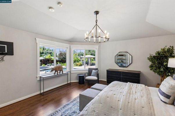 Bedroom, Chandelier, Interior, Wood Texture Flooring