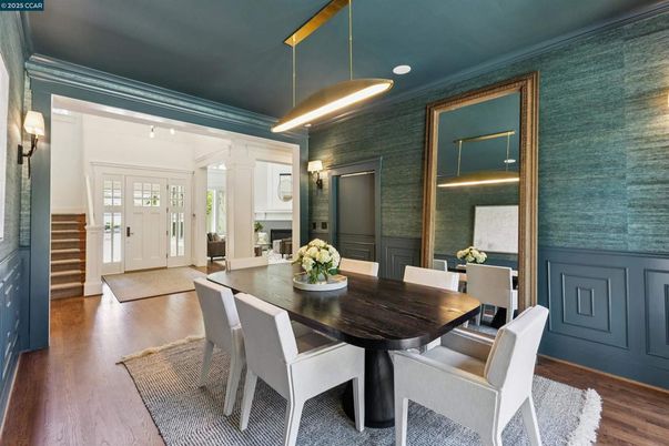 Dining room, Fireplace, Interior, Pendant Lights, Wood Texture Flooring