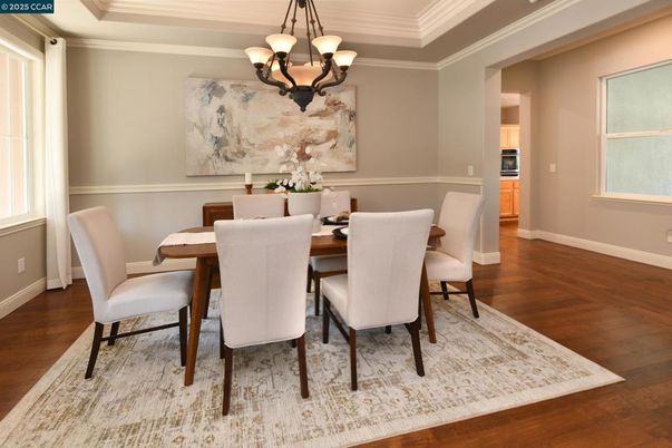 Chandelier, Dining room, Interior, Wood Texture Flooring