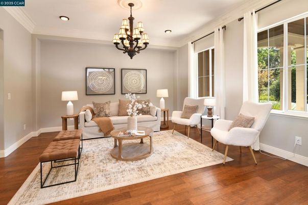Chandelier, Interior, Living room, Recessed Lighting, Wood Texture Flooring
