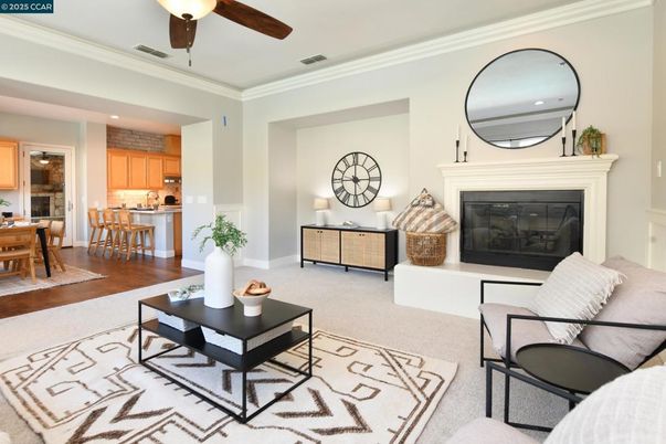 Dining room, Fireplace, Interior, Kitchen, Living room, Recessed Lighting, Wood Texture Flooring