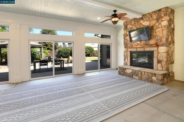 Fireplace, Interior, Recessed Lighting, Stone Walls