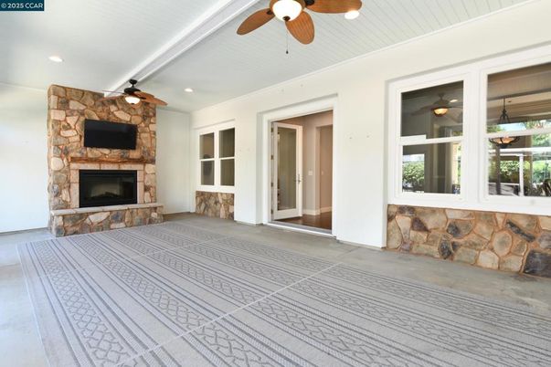 Fireplace, Interior, Recessed Lighting, Stone Walls