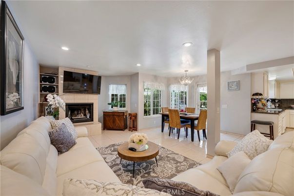 Chandelier, Dining room, Fireplace, Interior, Kitchen, Living room, Recessed Lighting