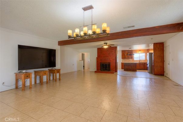 Chandelier, Empty room, Fireplace, Interior, Stone Walls