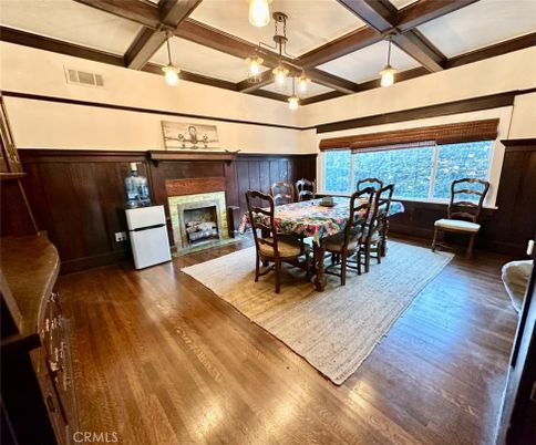 Dining room, Fireplace, Interior, Pendant Lights, Wooden Beams, Wood Texture Flooring