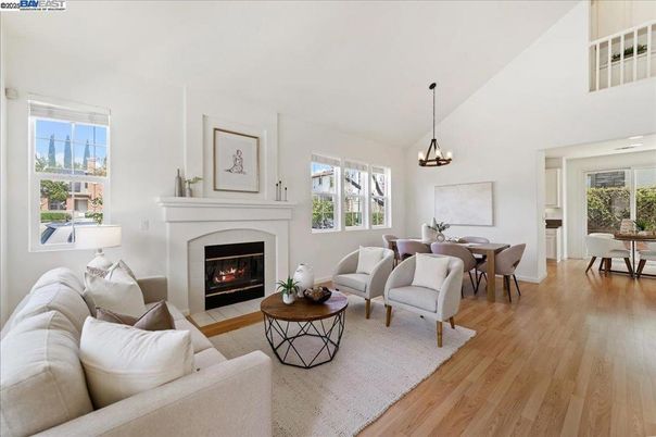 Dining room, Fireplace, Interior, Living room, Pendant Lights, Wood Texture Flooring