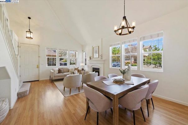 Dining room, Fireplace, Interior, Living room, Pendant Lights, Wood Texture Flooring