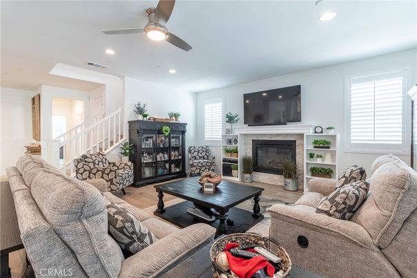 Fireplace, Interior, Living room, Recessed Lighting, Wood Texture Flooring