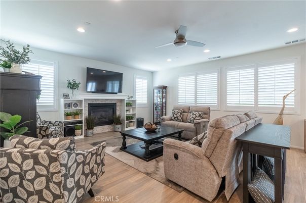 Fireplace, Interior, Living room, Recessed Lighting, Wood Texture Flooring
