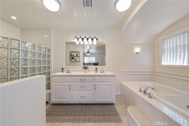 Bathroom, Dual Sink Vanities, Interior, Recessed Lighting, Tile Countertops