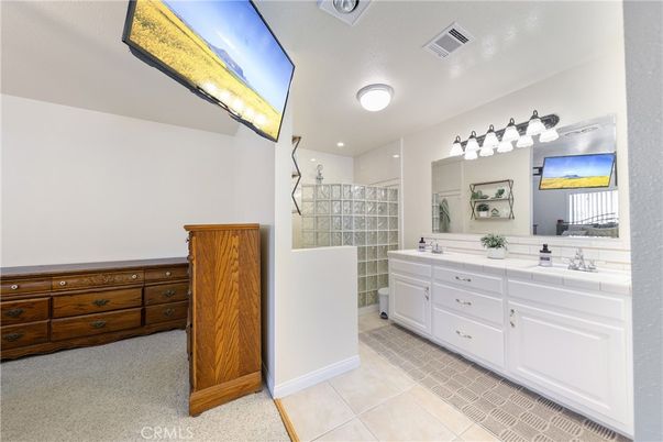 Bathroom, Dual Sink Vanities, Glass Shower, Interior, Recessed Lighting, Tile Countertops