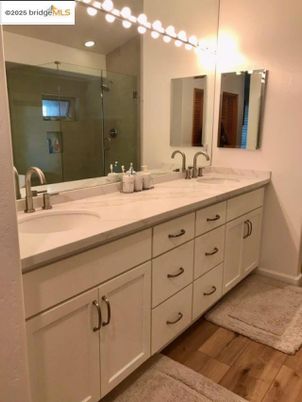 Bathroom, Dual Sink Vanities, Glass Shower, Interior, Wood Texture Flooring