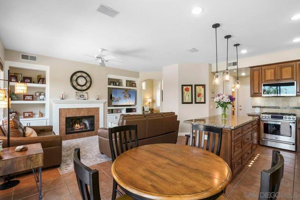 Dining room, Fireplace, Interior, Kitchen, Living room, Pendant Lights, Recessed Lighting, Stainless Steel Appliances