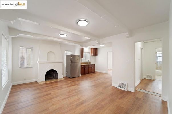 Empty room, Fireplace, Interior, Recessed Lighting, Wood Texture Flooring