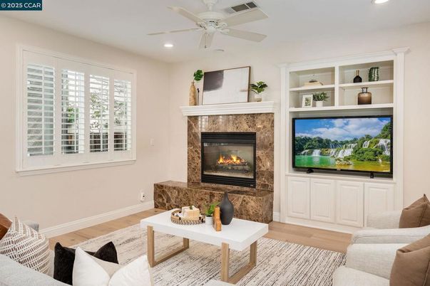 Fireplace, Interior, Living room, Recessed Lighting, Wood Texture Flooring