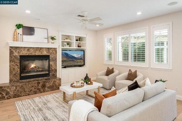 Fireplace, Interior, Living room, Recessed Lighting, Wood Texture Flooring