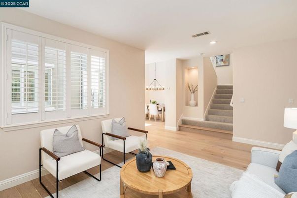 Dining room, Interior, Living room, Recessed Lighting, Wood Texture Flooring