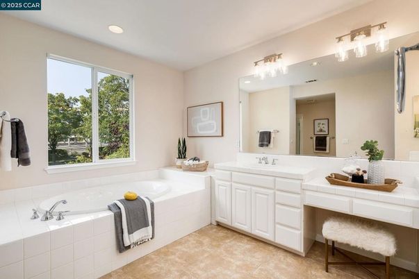 Bathroom, Dual Sink Vanities, Interior, Recessed Lighting, Tile Countertops