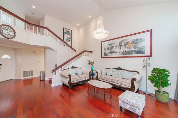 Chandelier, Interior, Living room, Recessed Lighting, Wood Texture Flooring