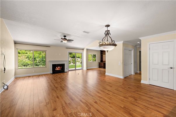 Empty room, Fireplace, Interior, Pendant Lights, Wood Texture Flooring