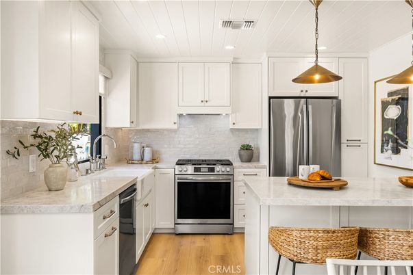 Interior, Kitchen, Pendant Lights, Recessed Lighting, Stainless Steel Appliances, Wood Texture Flooring