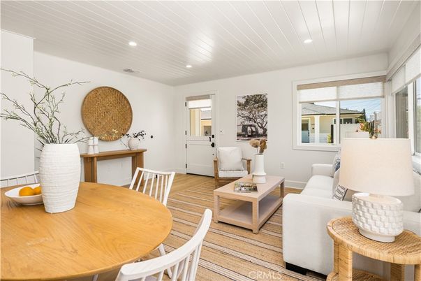 Dining room, Interior, Living room, Recessed Lighting, Wood Texture Flooring