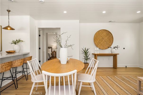 Dining room, Interior, Pendant Lights, Recessed Lighting, Wood Texture Flooring