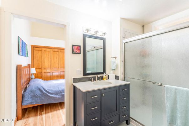 Bathroom, Bedroom, Glass Shower, Interior, Wood Texture Flooring