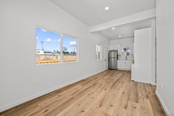 Empty room, Interior, Kitchen, Recessed Lighting, Wood Texture Flooring