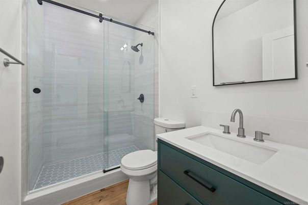 Bathroom, Glass Shower, Interior, Wood Texture Flooring
