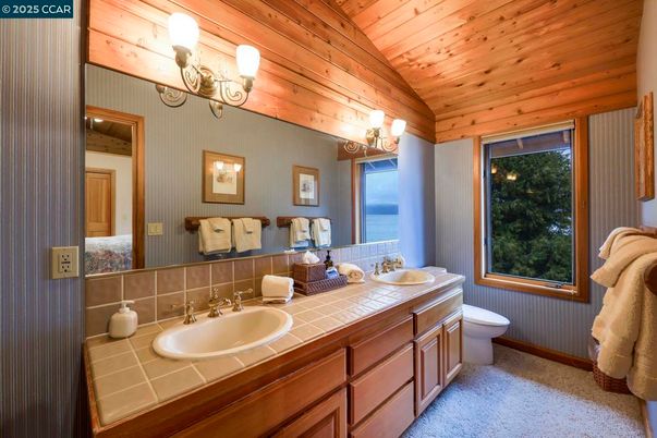 Bathroom, Dual Sink Vanities, Interior, Tile Countertops, Wooden Ceilings, Wooden Walls