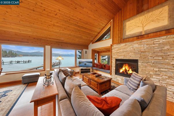 Fireplace, Interior, Living room, Stone Walls, Water, Wooden Ceilings, Wood Texture Flooring, Wooden Walls