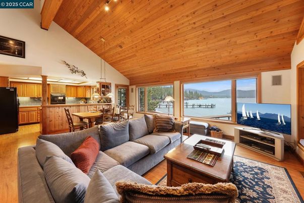 Dining room, Interior, Kitchen, Living room, Pendant Lights, Water, Wooden Beams, Wooden Ceilings, Wood Texture Flooring