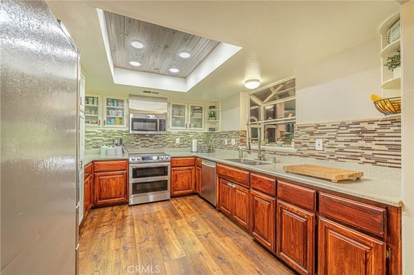 Interior, Kitchen, Recessed Lighting, Stainless Steel Appliances, Wooden Ceilings, Wood Texture Flooring
