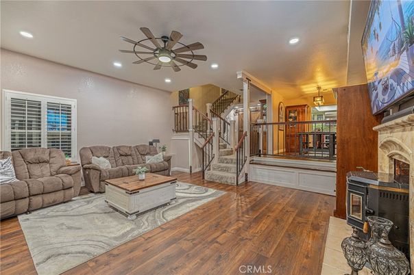 Fireplace, Interior, Living room, Recessed Lighting, Wood Texture Flooring